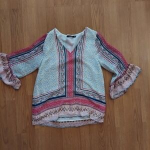 Doe + Rae women's blouse multi print bell sleeve v-neck size small